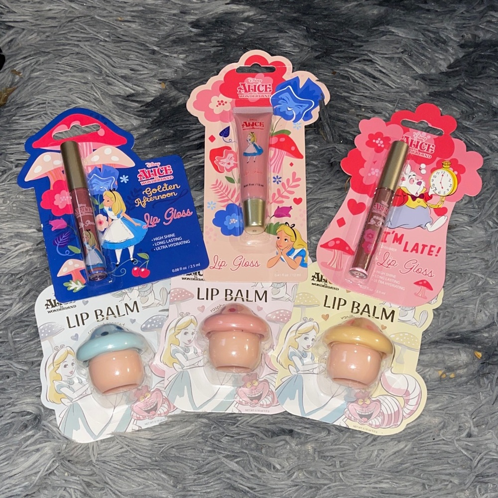 Alice in Wonderland Lip Gloss Set and Mushroom Chap Stick Bundle